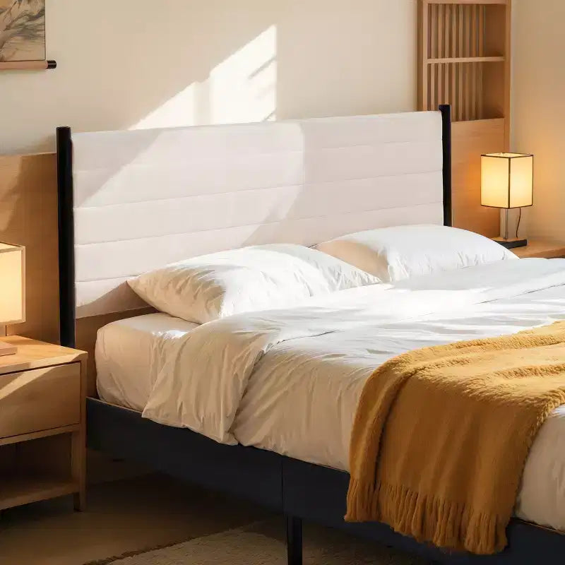 Struttura letto a piattaforma con testiera ad ali in lino beige | Non richiede materasso a molle | 1-2 persone