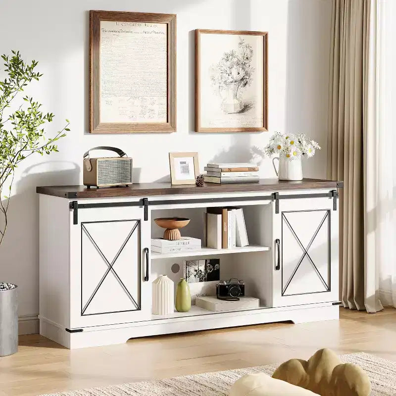 Mobile porta TV grigio con ante scorrevoli a fienile per 1, adatto a TV fino a 65"