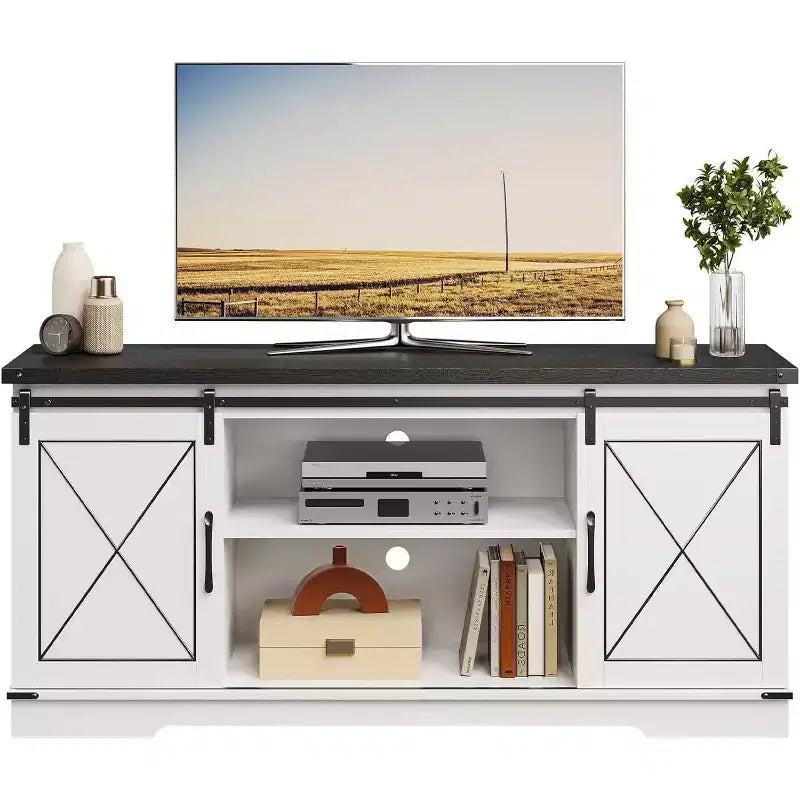 Mobile porta TV grigio con ante scorrevoli a fienile per 1, adatto a TV fino a 65"