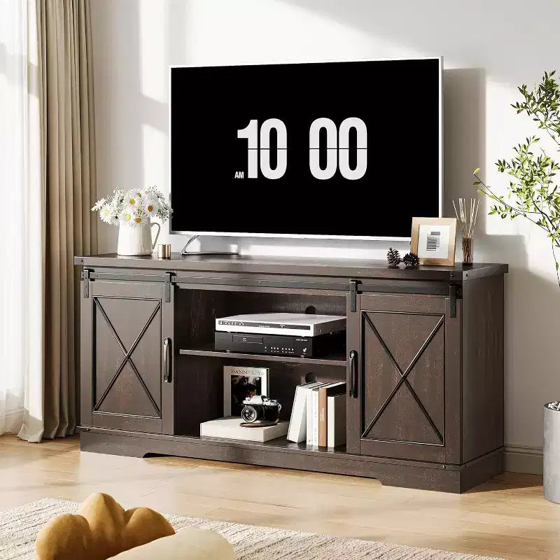 Mobile porta TV grigio con ante scorrevoli a fienile per 1, adatto a TV fino a 65"