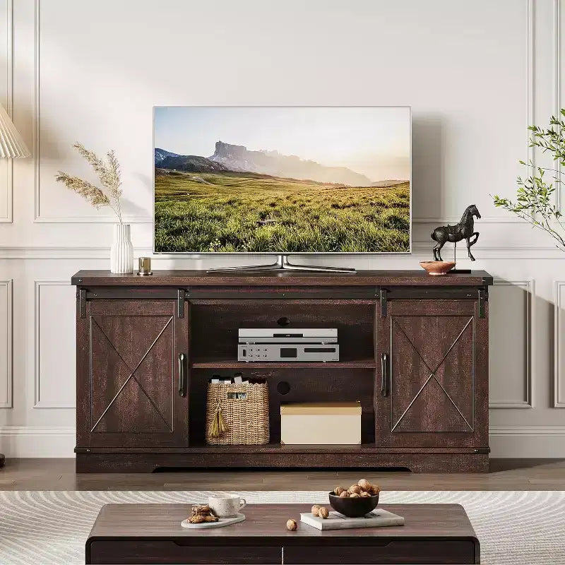 Mobile porta TV grigio con ante scorrevoli a fienile per 1, adatto a TV fino a 65"