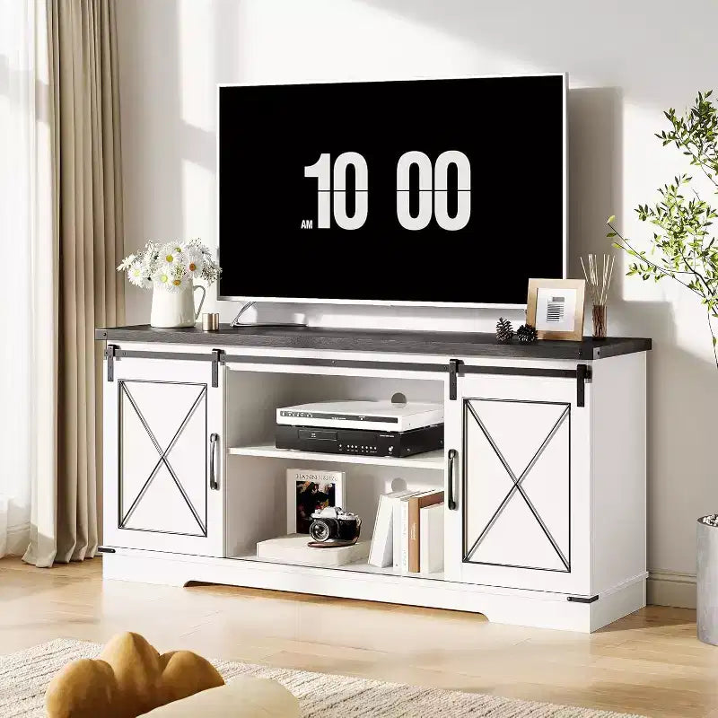 Mobile porta TV grigio con ante scorrevoli a fienile per 1, adatto a TV fino a 65"