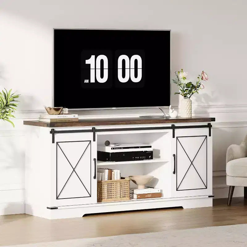 Mobile porta TV grigio con ante scorrevoli a fienile per 1, adatto a TV fino a 65"