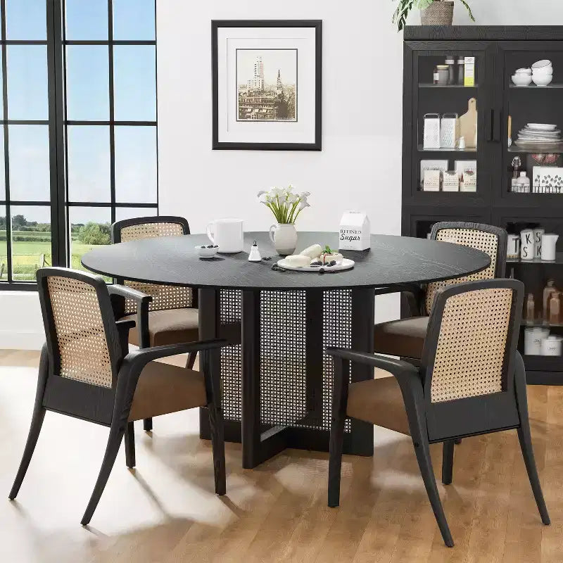 Tavolo da pranzo rotondo nero con gambe in rattan, 8 posti a sedere