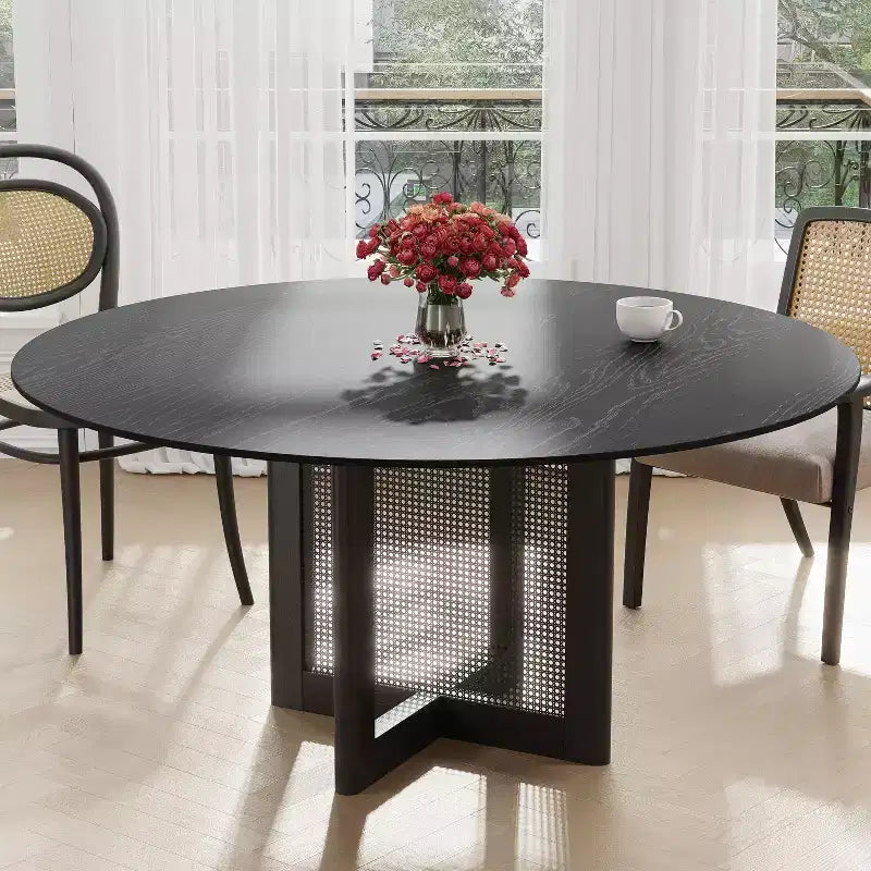 Tavolo da pranzo rotondo nero con gambe in rattan, 8 posti a sedere