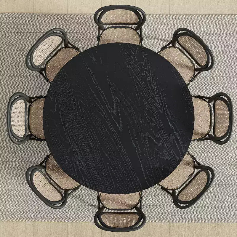 Tavolo da pranzo rotondo nero con gambe in rattan, 8 posti a sedere
