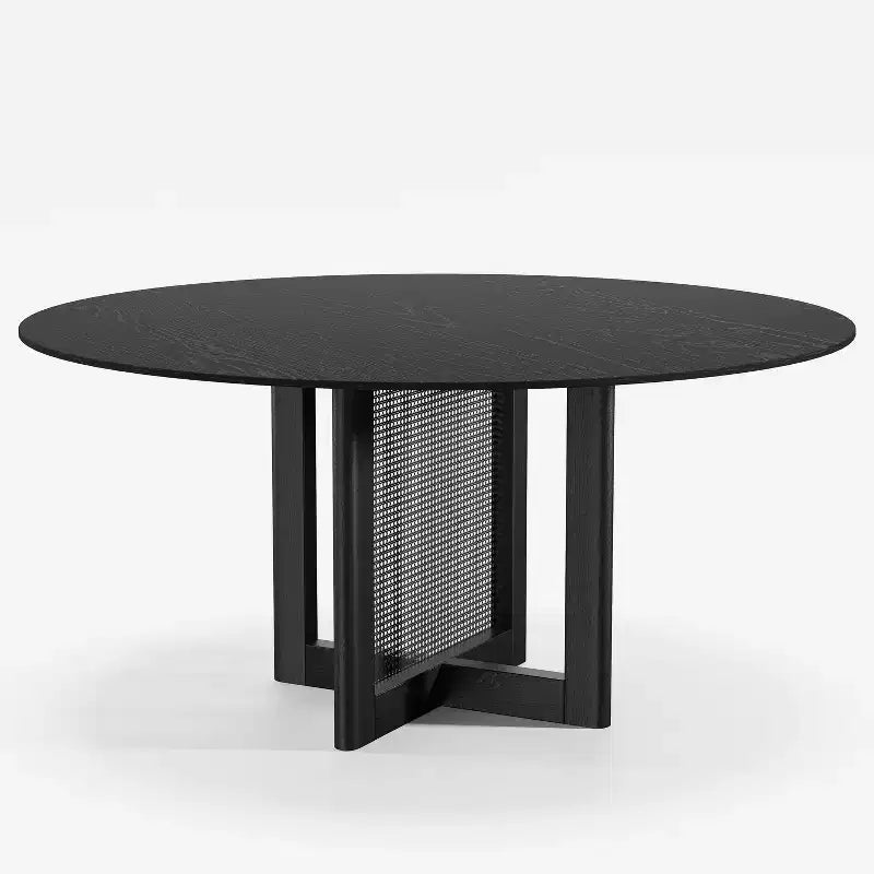 Tavolo da pranzo rotondo nero con gambe in rattan, 8 posti a sedere