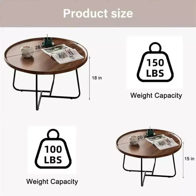 Set di 2 tavolini da caffè rotondi impilabili marroni – Gambe in metallo, piano in legno, stile moderno di metà secolo
