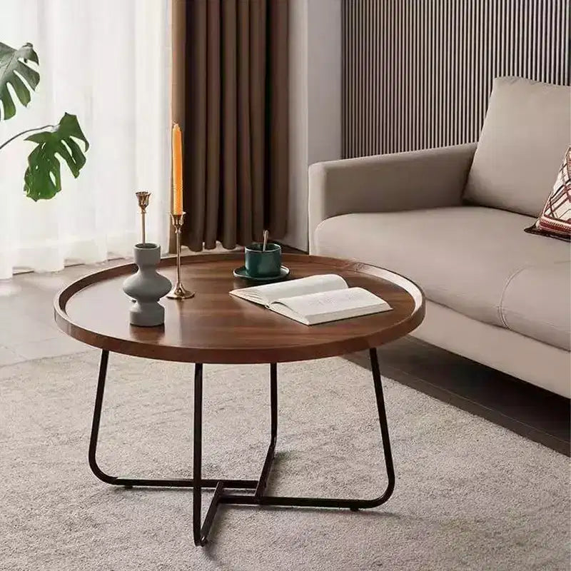 Set di 2 tavolini da caffè rotondi impilabili marroni – Gambe in metallo, piano in legno, stile moderno di metà secolo