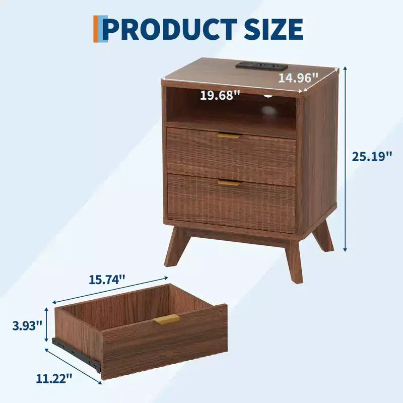 Comodino scanalato con porte USB e prese elettriche, Marrone / Naturale, 2 cassetti, Confezione da 1 o 2