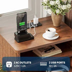 Comodino scanalato con porte USB e prese elettriche, Marrone / Naturale, 2 cassetti, Confezione da 1 o 2