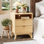 Comodino scanalato con porte USB e prese elettriche, Marrone / Naturale, 2 cassetti, Confezione da 1 o 2