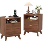 Modern Fluted Nightstand, Wood Bedside Table with USB Ports and Outlets, 2 Drawers and Open Shelf, Accent End Table