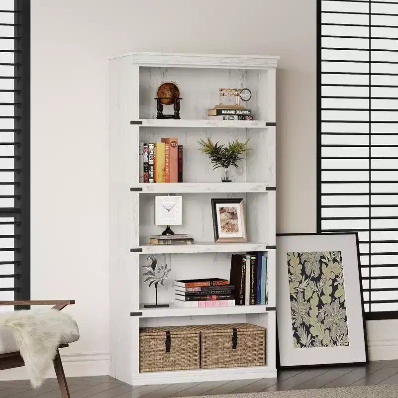 Libreria a 5 ripiani | Bianco antico / Grigio / Rovere scuro / Ciliegio scuro / Rétro | Scaffale aperto in stile rustico | Singolo