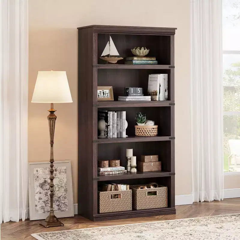 Libreria a 5 ripiani | Bianco antico / Grigio / Rovere scuro / Ciliegio scuro / Rétro | Scaffale aperto in stile rustico | Singolo