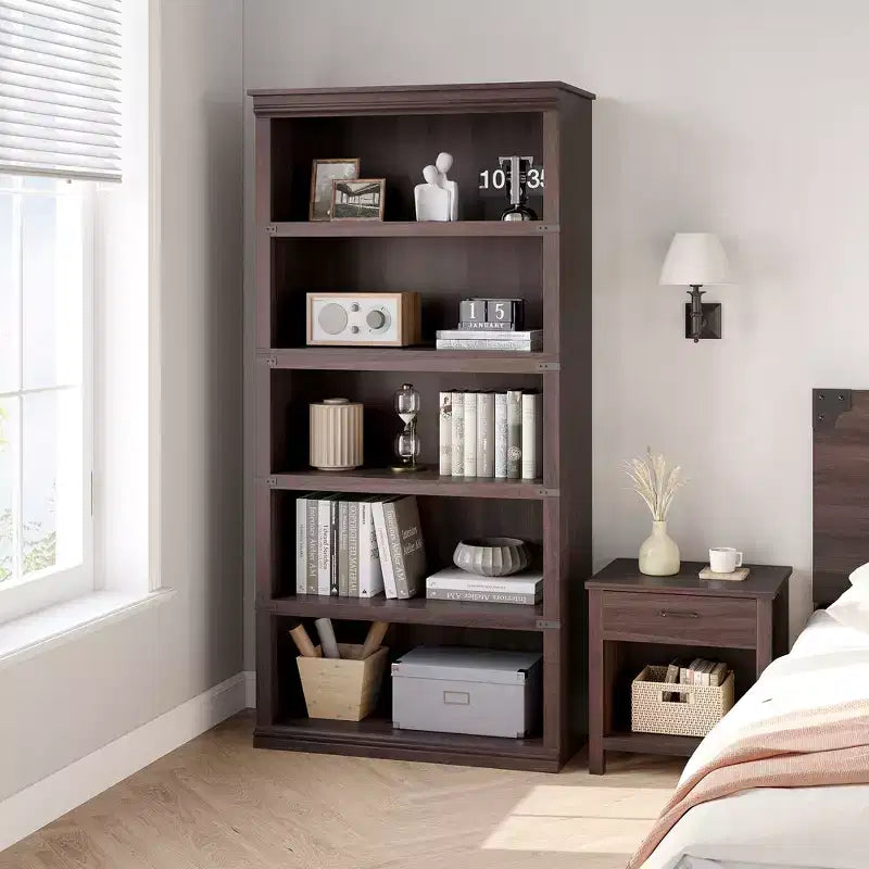 Libreria a 5 ripiani | Bianco antico / Grigio / Rovere scuro / Ciliegio scuro / Rétro | Scaffale aperto in stile rustico | Singolo