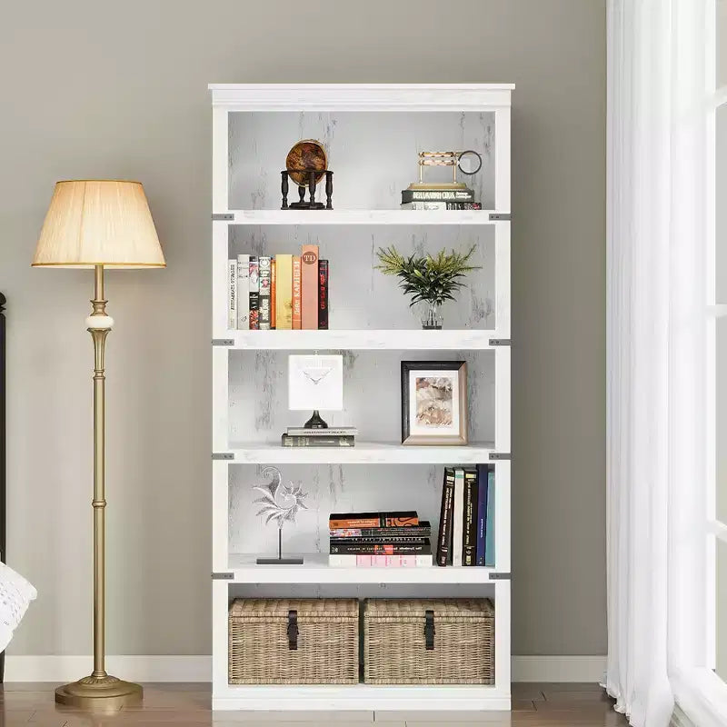 Libreria a 5 ripiani | Bianco antico / Grigio / Rovere scuro / Ciliegio scuro / Rétro | Scaffale aperto in stile rustico | Singolo