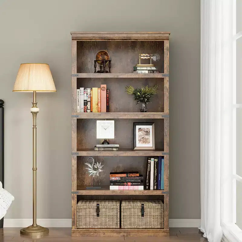 Libreria a 5 ripiani | Bianco antico / Grigio / Rovere scuro / Ciliegio scuro / Rétro | Scaffale aperto in stile rustico | Singolo