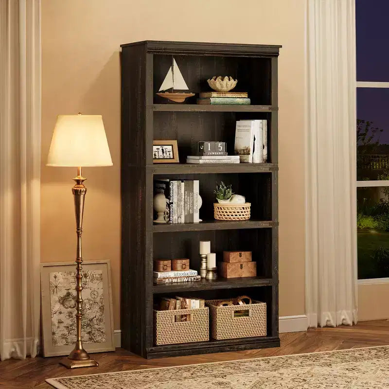 Libreria a 5 ripiani | Bianco antico / Grigio / Rovere scuro / Ciliegio scuro / Rétro | Scaffale aperto in stile rustico | Singolo