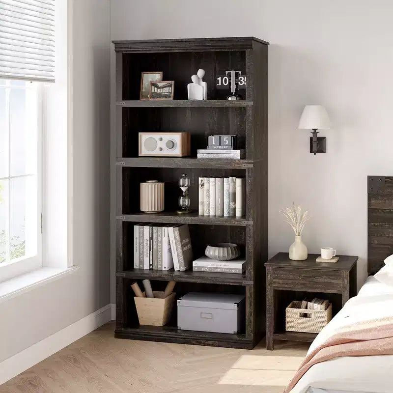 Libreria a 5 ripiani | Bianco antico / Grigio / Rovere scuro / Ciliegio scuro / Rétro | Scaffale aperto in stile rustico | Singolo