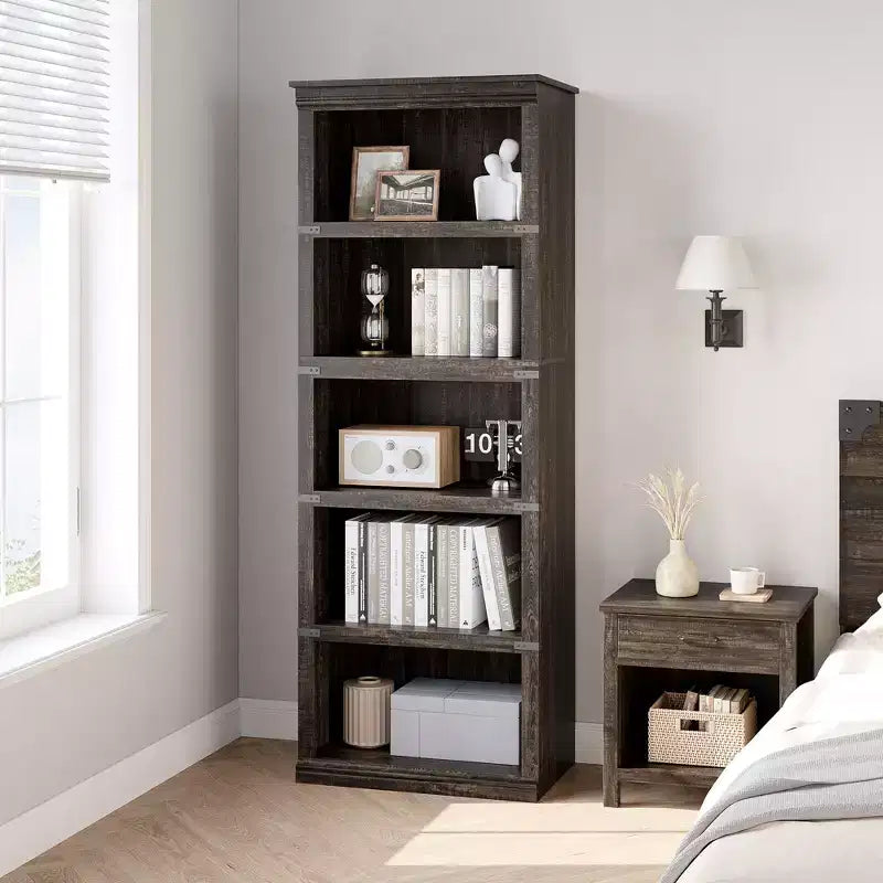 Libreria a 5 ripiani | Bianco antico / Grigio / Rovere scuro / Ciliegio scuro / Rétro | Scaffale aperto in stile rustico | Singolo