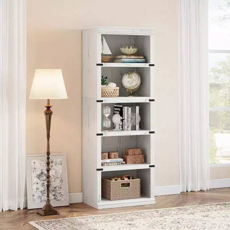 Libreria a 5 ripiani | Bianco antico / Grigio / Rovere scuro / Ciliegio scuro / Rétro | Scaffale aperto in stile rustico | Singolo