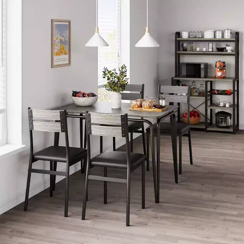 Set da pranzo da 5 pezzi per 4 persone, colore nero/grigio/retro – piano rettangolare in legno e sedie imbottite