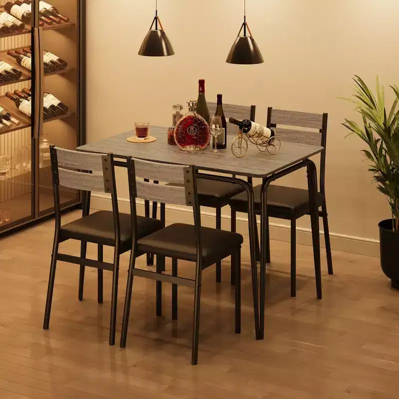 Set da pranzo da 5 pezzi per 4 persone, colore nero/grigio/retro – piano rettangolare in legno e sedie imbottite