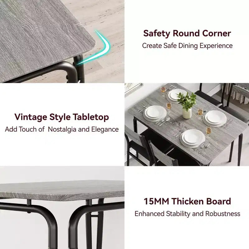 Set da pranzo da 5 pezzi per 4 persone, colore nero/grigio/retro – piano rettangolare in legno e sedie imbottite