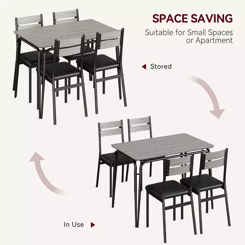 Set da pranzo da 5 pezzi per 4 persone, colore nero/grigio/retro – piano rettangolare in legno e sedie imbottite