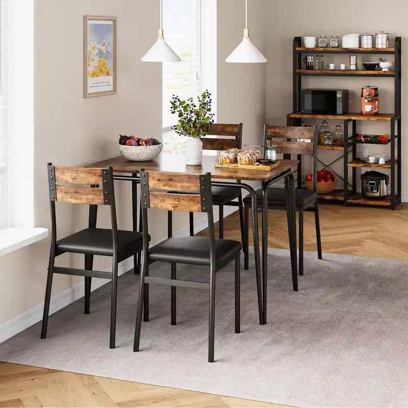 Set da pranzo da 5 pezzi per 4 persone, colore nero/grigio/retro – piano rettangolare in legno e sedie imbottite