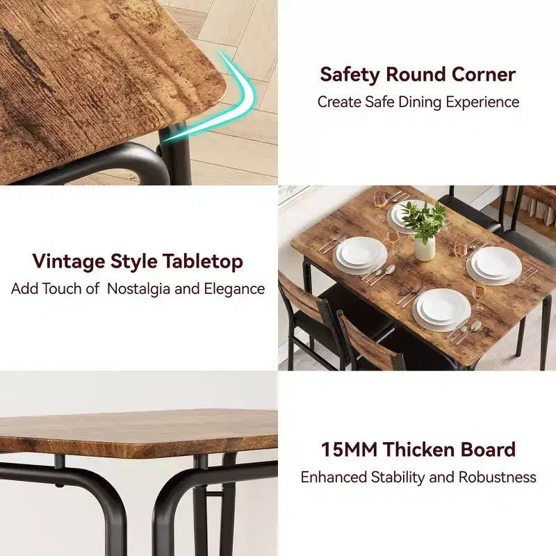 Set da pranzo da 5 pezzi per 4 persone, colore nero/grigio/retro – piano rettangolare in legno e sedie imbottite