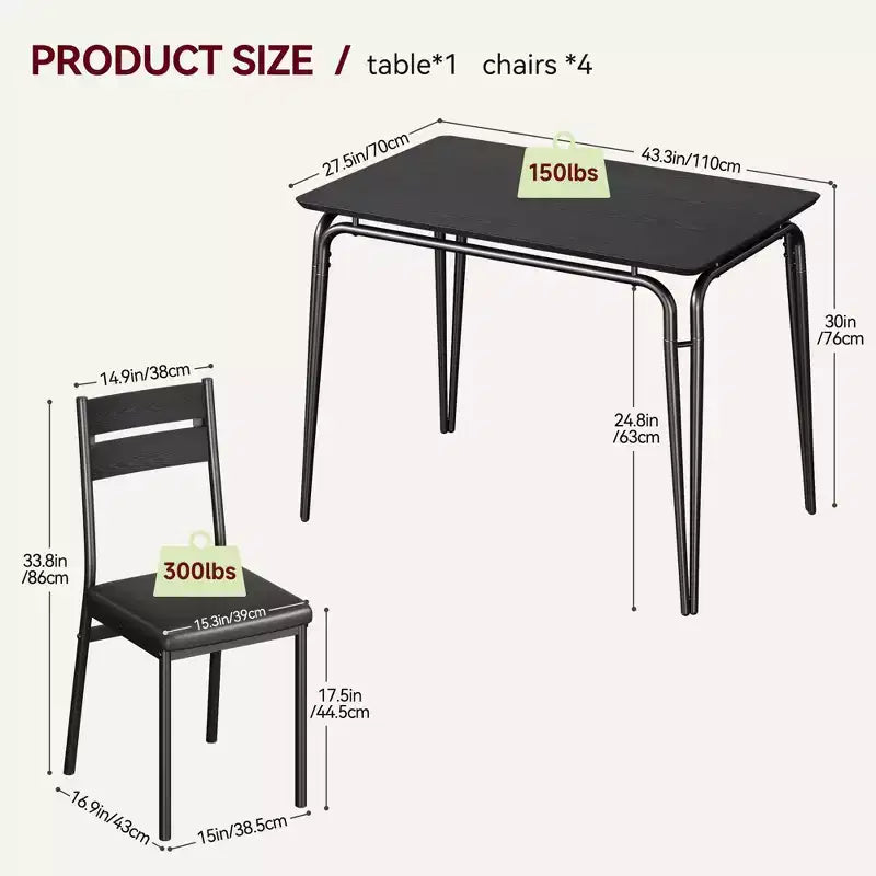 Set da pranzo da 5 pezzi per 4 persone, colore nero/grigio/retro – piano rettangolare in legno e sedie imbottite