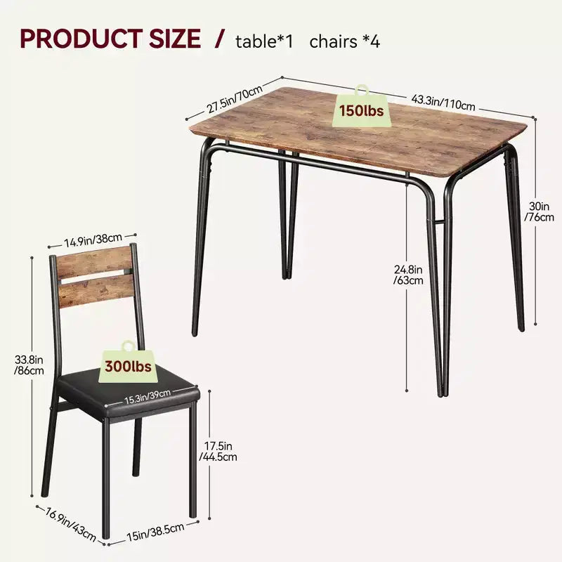 Set da pranzo da 5 pezzi per 4 persone, colore nero/grigio/retro – piano rettangolare in legno e sedie imbottite