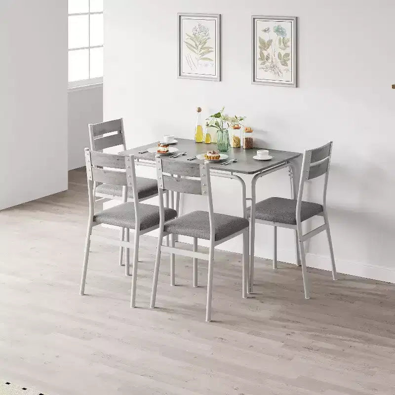 Set da pranzo da 5 pezzi per 4 persone, colore nero/grigio/retro – piano rettangolare in legno e sedie imbottite