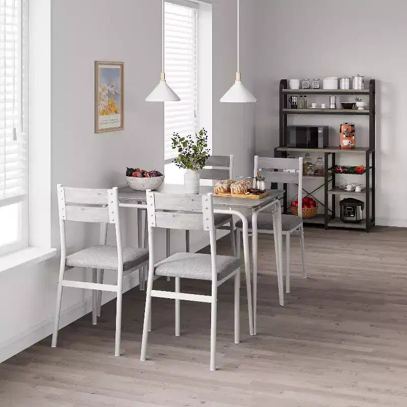 Set da pranzo da 5 pezzi per 4 persone, colore nero/grigio/retro – piano rettangolare in legno e sedie imbottite