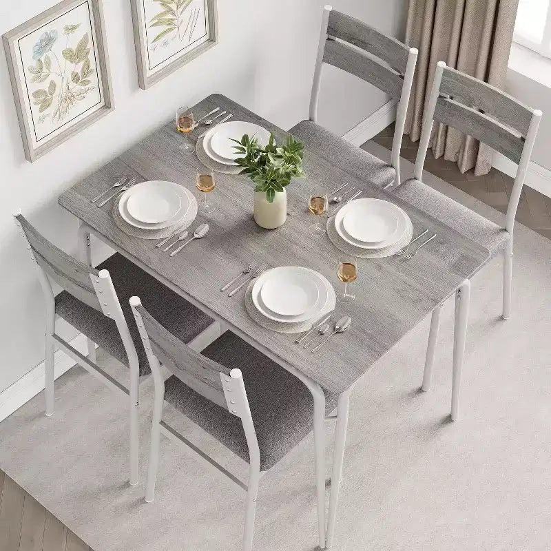 Set da pranzo da 5 pezzi per 4 persone, colore nero/grigio/retro – piano rettangolare in legno e sedie imbottite