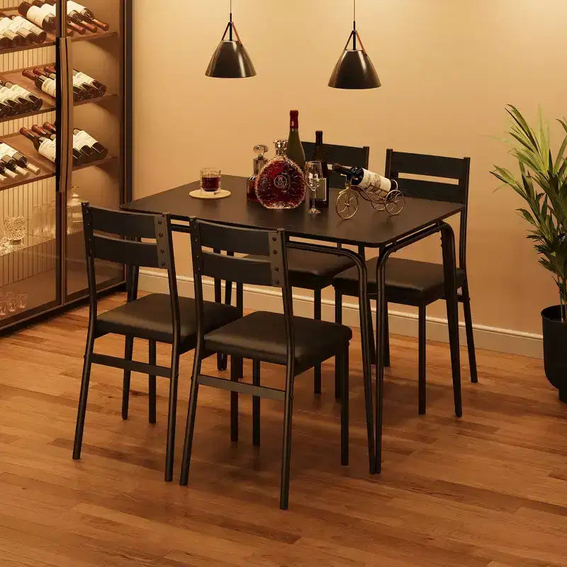 Set da pranzo da 5 pezzi per 4 persone, colore nero/grigio/retro – piano rettangolare in legno e sedie imbottite