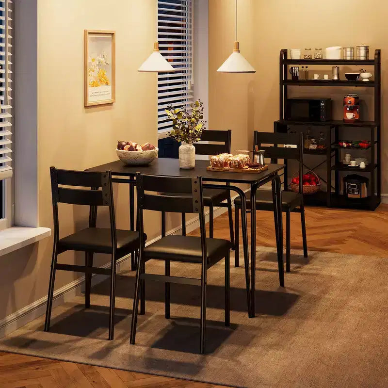 Set da pranzo da 5 pezzi per 4 persone, colore nero/grigio/retro – piano rettangolare in legno e sedie imbottite