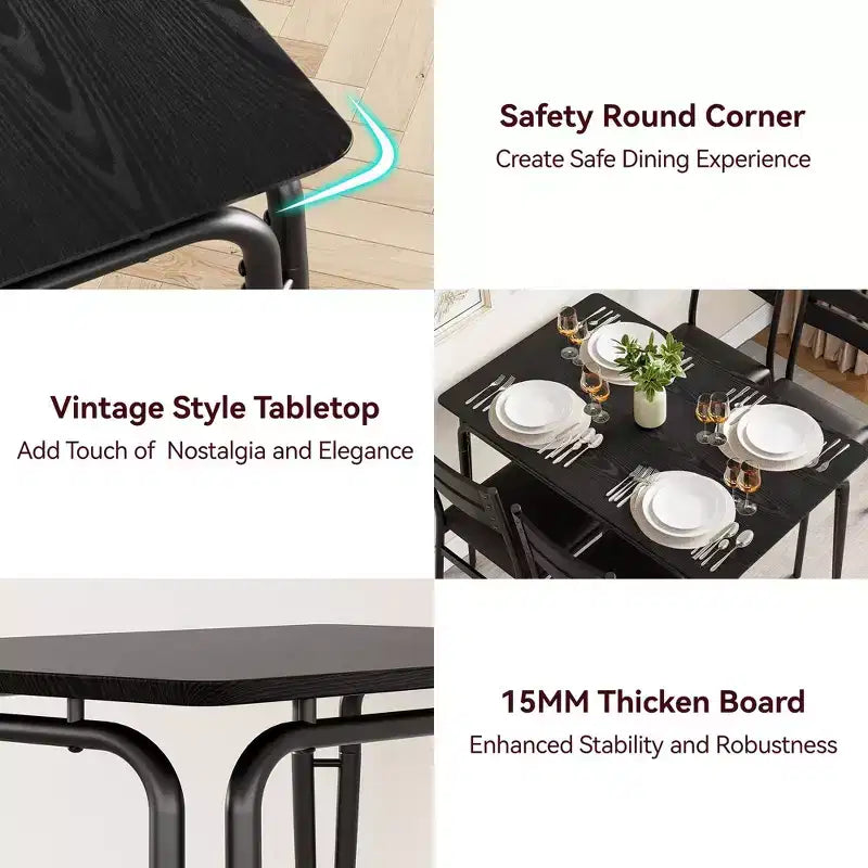 Set da pranzo da 5 pezzi per 4 persone, colore nero/grigio/retro – piano rettangolare in legno e sedie imbottite