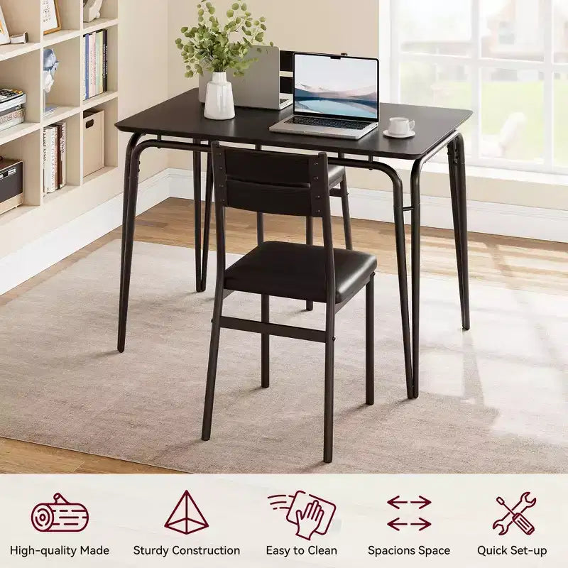 Set da pranzo da 5 pezzi per 4 persone, colore nero/grigio/retro – piano rettangolare in legno e sedie imbottite