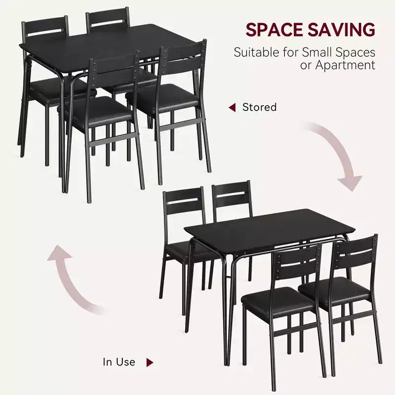 Set da pranzo da 5 pezzi per 4 persone, colore nero/grigio/retro – piano rettangolare in legno e sedie imbottite