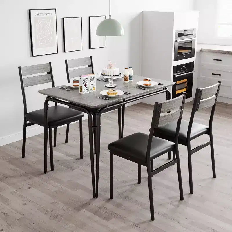 Set da pranzo da 5 pezzi per 4 persone, colore nero/grigio/retro – piano rettangolare in legno e sedie imbottite