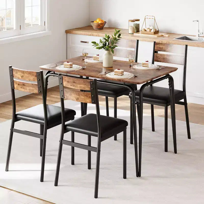 Set da pranzo da 5 pezzi per 4 persone, colore nero/grigio/retro – piano rettangolare in legno e sedie imbottite