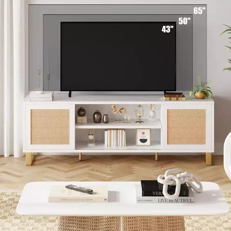 Mobile TV in rattan bianco con contenitore, adatto per TV fino a 65", montaggio da 1 a 2 persone