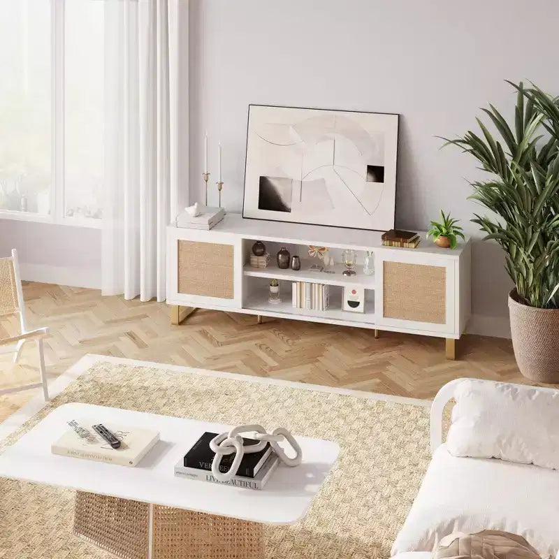 Mobile TV in rattan bianco con contenitore, adatto per TV fino a 65", montaggio da 1 a 2 persone