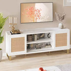 Mobile TV in rattan bianco con contenitore, adatto per TV fino a 65", montaggio da 1 a 2 persone