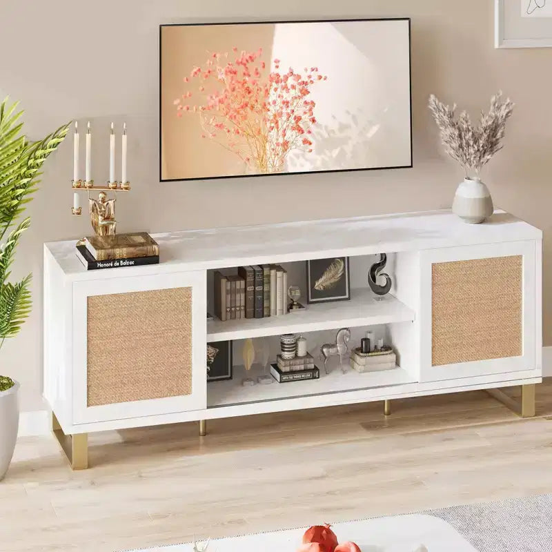 Mobile TV in rattan bianco con contenitore, adatto per TV fino a 65", montaggio da 1 a 2 persone
