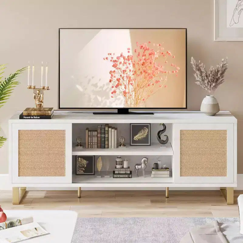 Mobile TV in rattan bianco con contenitore, adatto per TV fino a 65", montaggio da 1 a 2 persone