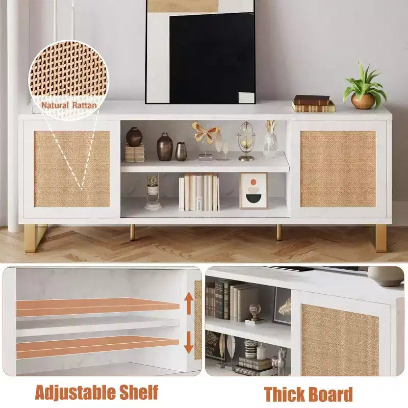 Mobile TV in rattan bianco con contenitore, adatto per TV fino a 65", montaggio da 1 a 2 persone
